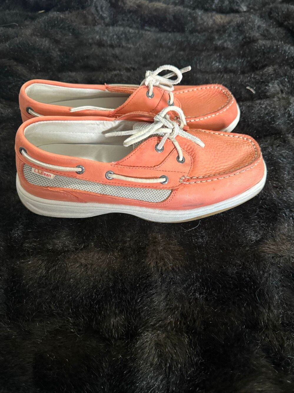 LL Bean Women's Size 7.5 W Orange Leather Slip On Boat Shoes